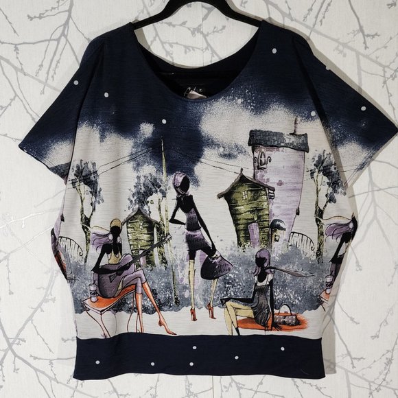 Artex Fashions Night Fashion Scene Print Scoop Neck Top - Picture 2 of 5